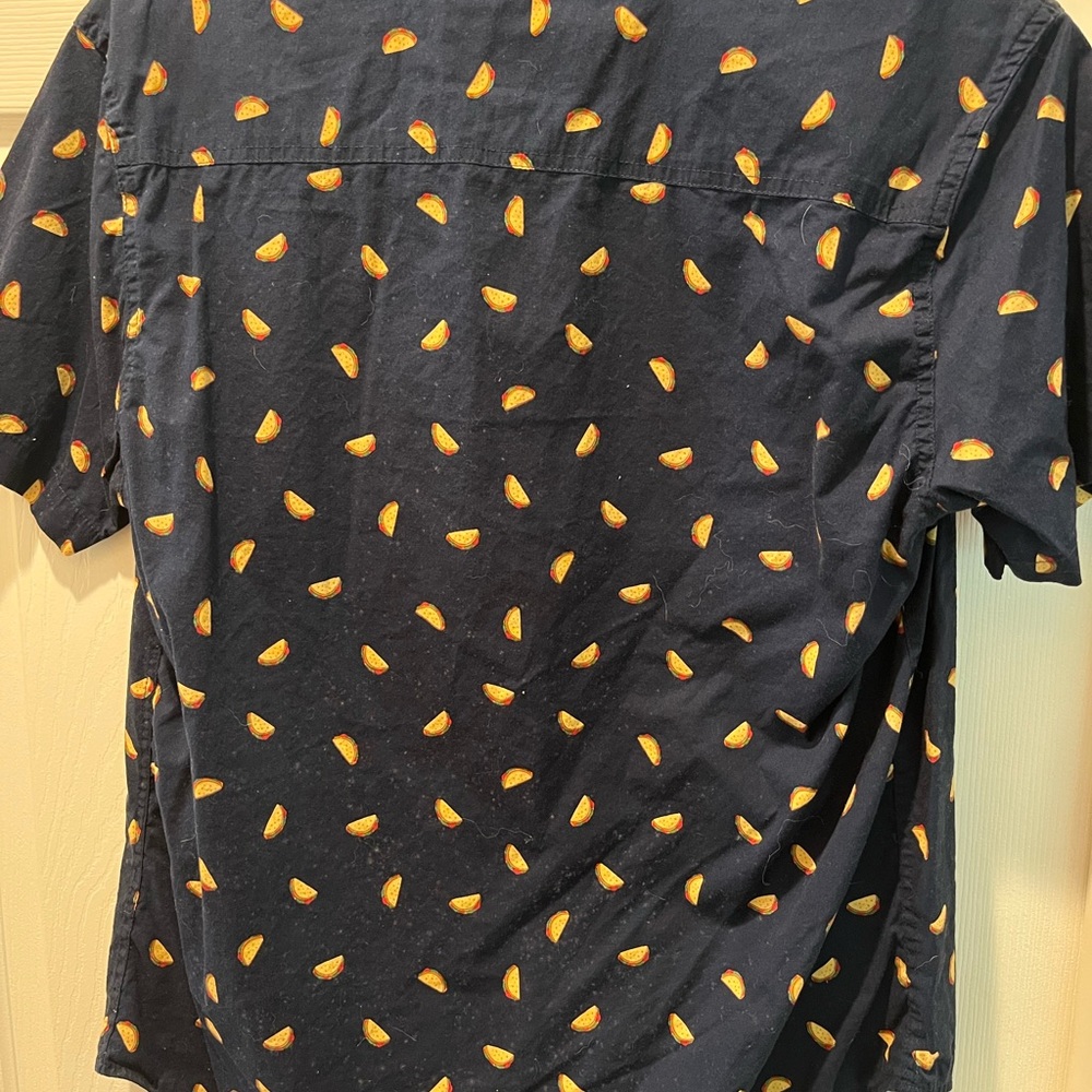 Navy blue aloha shirt with taco print